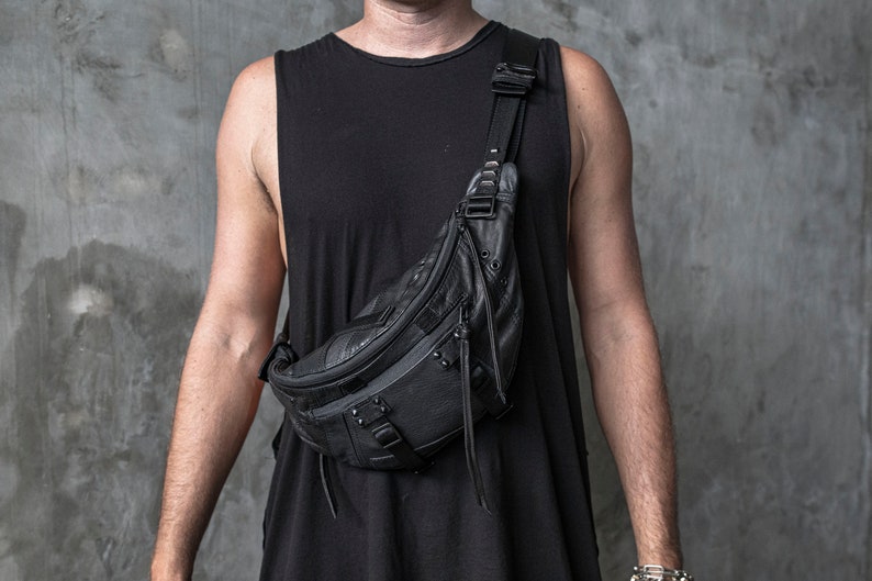 Flight Division 2.0 Up Cycled and Repurposed Black Leather Fanny Pack I Mens Sling Bag I Womens Sling Bag I Bum Bag I Messenger Bag Hip Bag