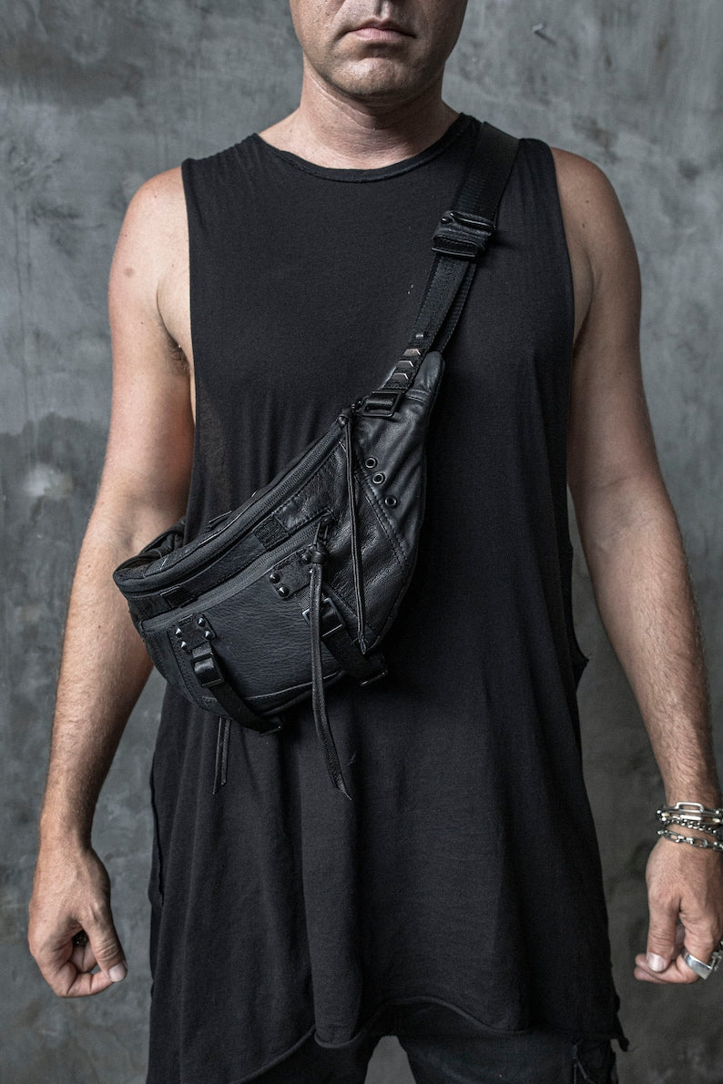 Flight Division 2.0 Up Cycled and Repurposed Black Leather Fanny Pack I Mens Sling Bag I Womens Sling Bag I Bum Bag I Messenger Bag Hip Bag