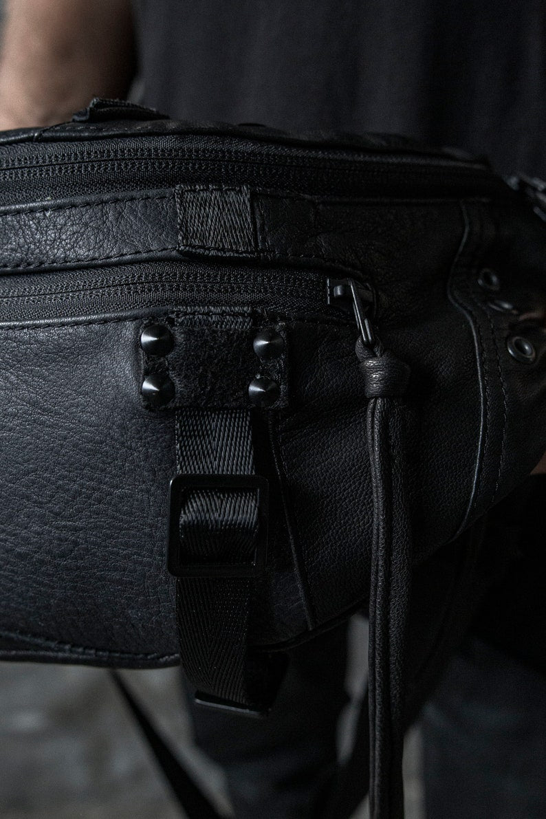 Flight Division 2.0 Up Cycled and Repurposed Black Leather Fanny Pack I Mens Sling Bag I Womens Sling Bag I Bum Bag I Messenger Bag Hip Bag