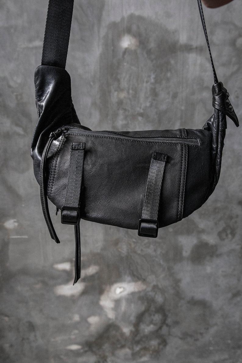 Flight Division 2.0 Up Cycled and Repurposed Black Leather Fanny Pack I Mens Sling Bag I Womens Sling Bag I Bum Bag I Messenger Bag Hip Bag