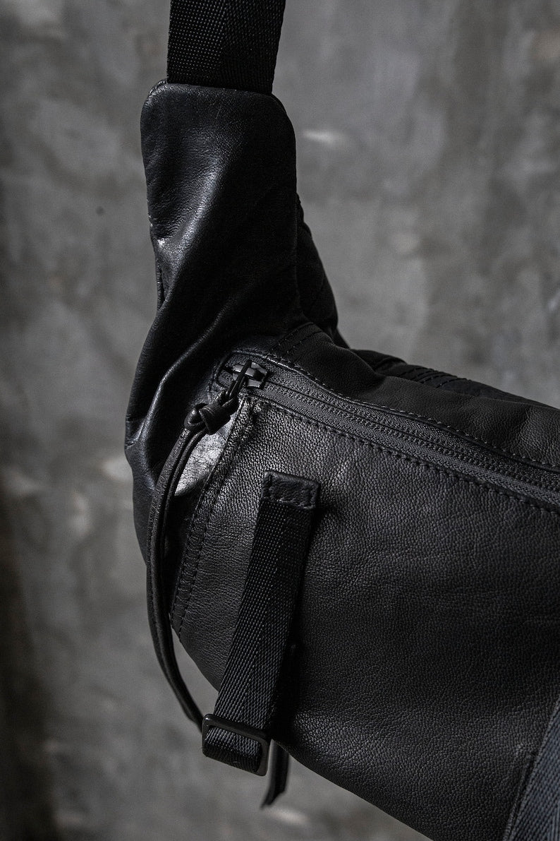 Flight Division 2.0 Up Cycled and Repurposed Black Leather Fanny Pack I Mens Sling Bag I Womens Sling Bag I Bum Bag I Messenger Bag Hip Bag