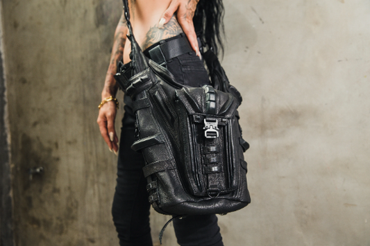 Tech 6 Black Leather Bucket Bag Convertible Shoulder Bag