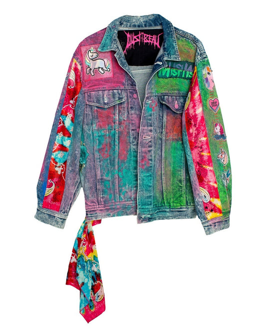 Sparkleberry Unicorn Mix Tape Acid Wash Boxy Denim Jacket with Neon Rainbow Tie Dyed Bandana