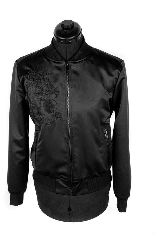 Dark Dragon Fantasy Black Satin Silk Bomber Jacket