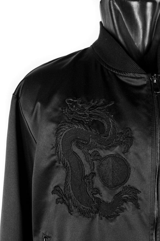 Dark Dragon Fantasy Black Satin Silk Bomber Jacket