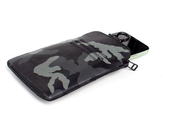 Blue Camouflage Genuine Leather Phone Case with Card Slot Strap Lanyard