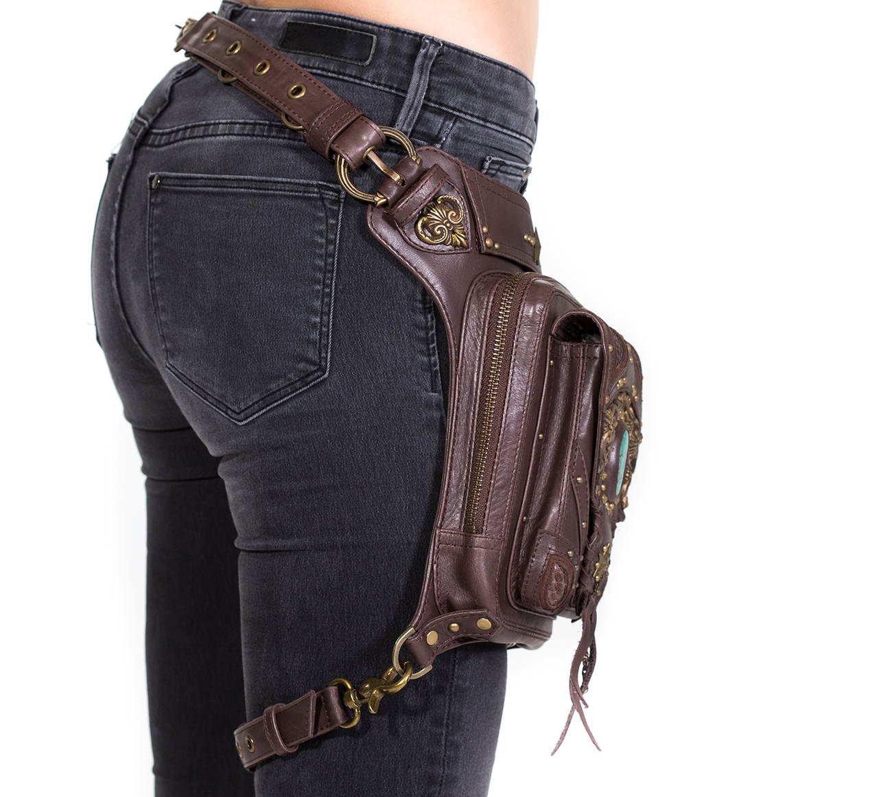VINTAGE VIBES Brown Leather Holster Bag with Turquoise and Brass Detailing