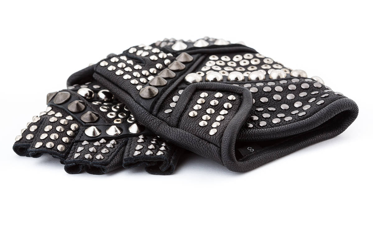 Blam Rock Black Leather Studded Fingerless Gloves