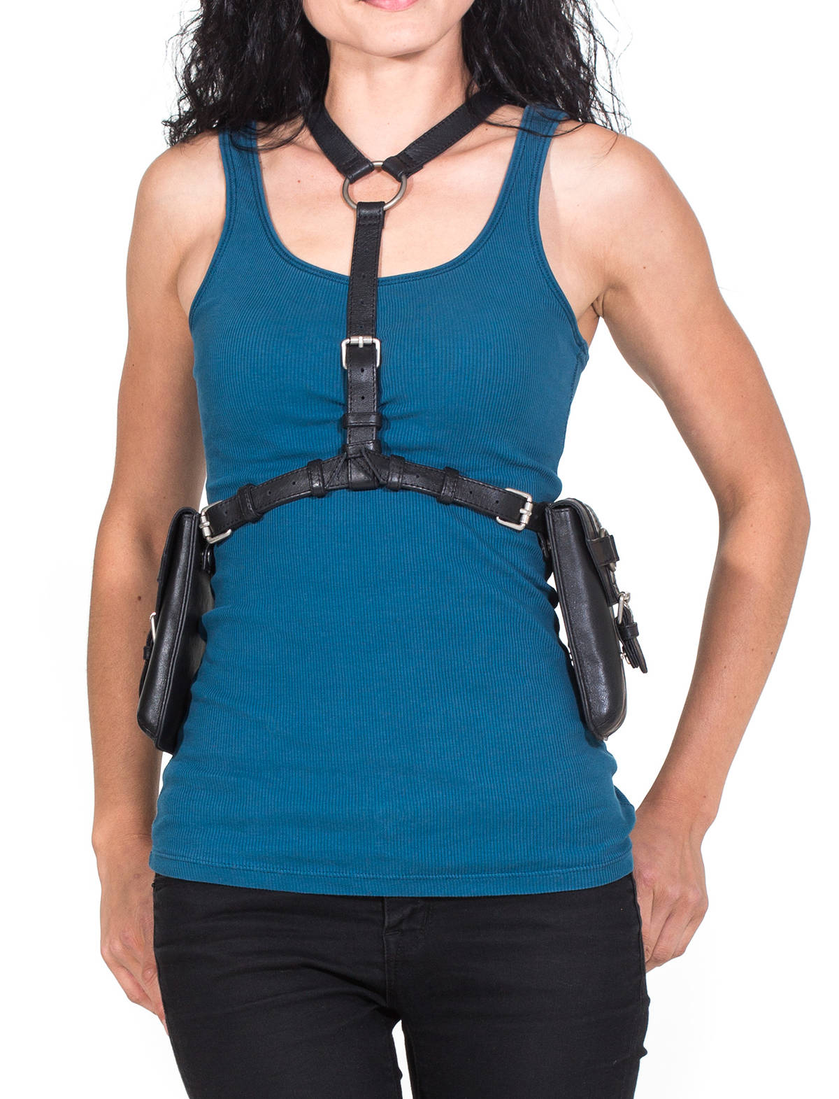 Classic Fetish Black Leather Body Harness and Holster w/ Silver Hardware