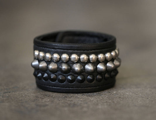 GRADATION Black Leather Metal Studded Punk Cuff Bracelet
