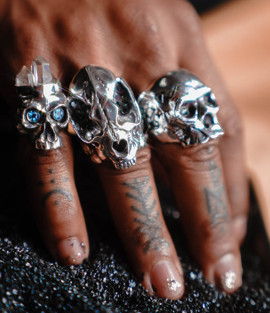 Crystal or Tourmaline Crowned Skull Ring in Solid Silver with Topaz Eyes