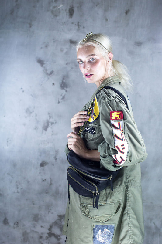 Black Leather Gold Chain Reaction Sling Bag