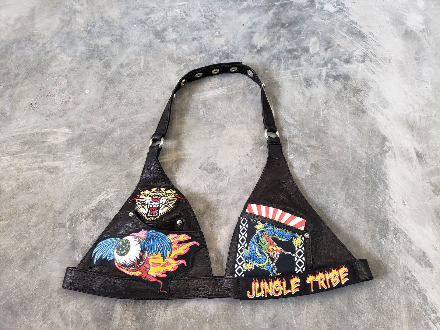 Video Drone Black Leather Halter Top Handpainted Bra