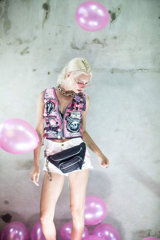 Silver Chain Reaction Fanny Pack Crossbody Sling Bag Black Leather