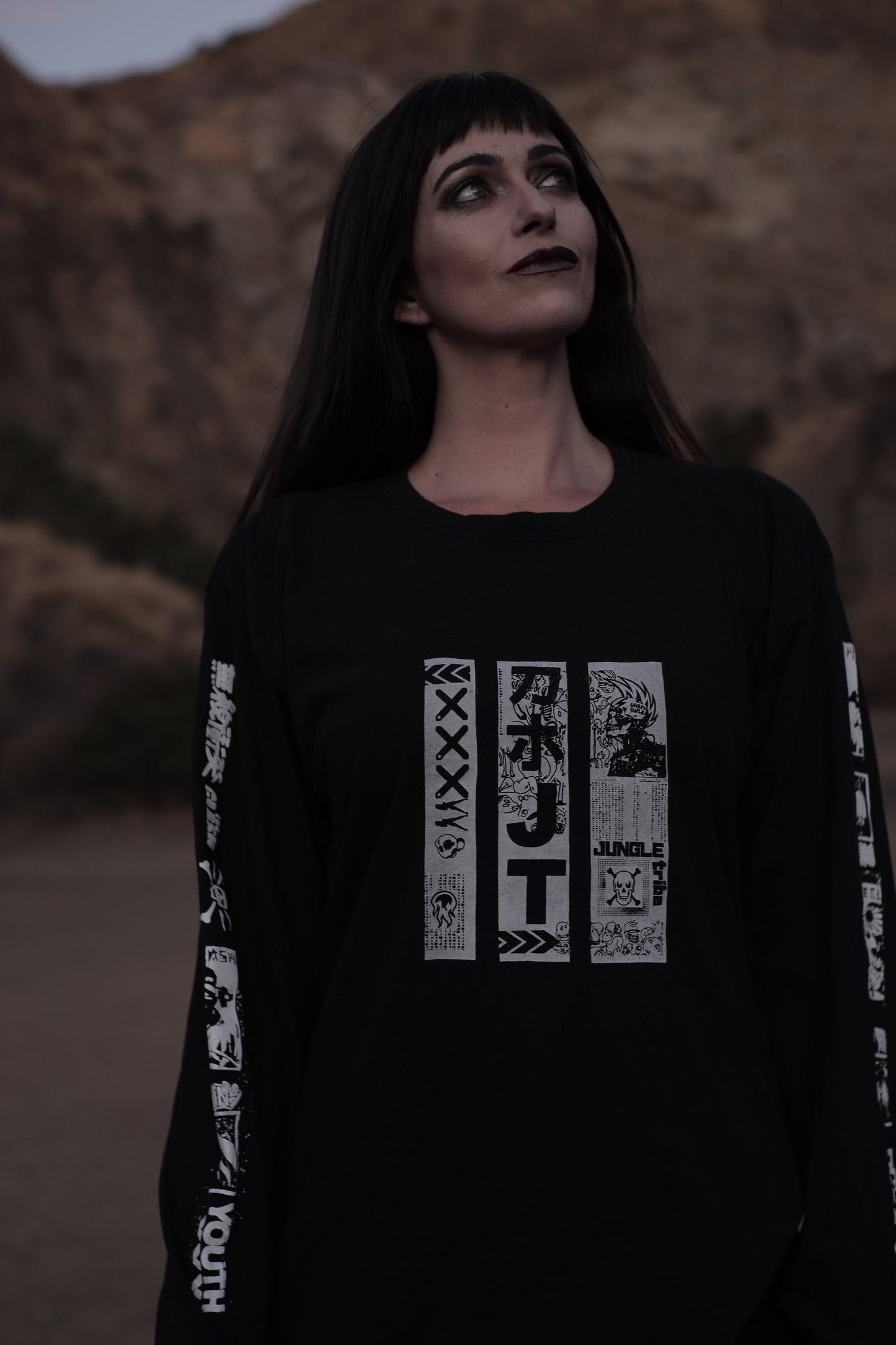 JT Anime Punk Unisex Long Sleeve Faded Black Tee