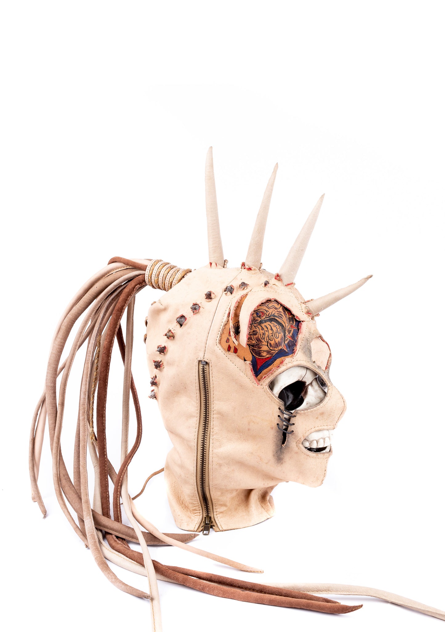 Scorched Unicorn Studded Punk Spike Face Tattoo Adult Leather Full Face Skin Color Bondage Gimp Mask With Mohawk Dread Hair for Halloween