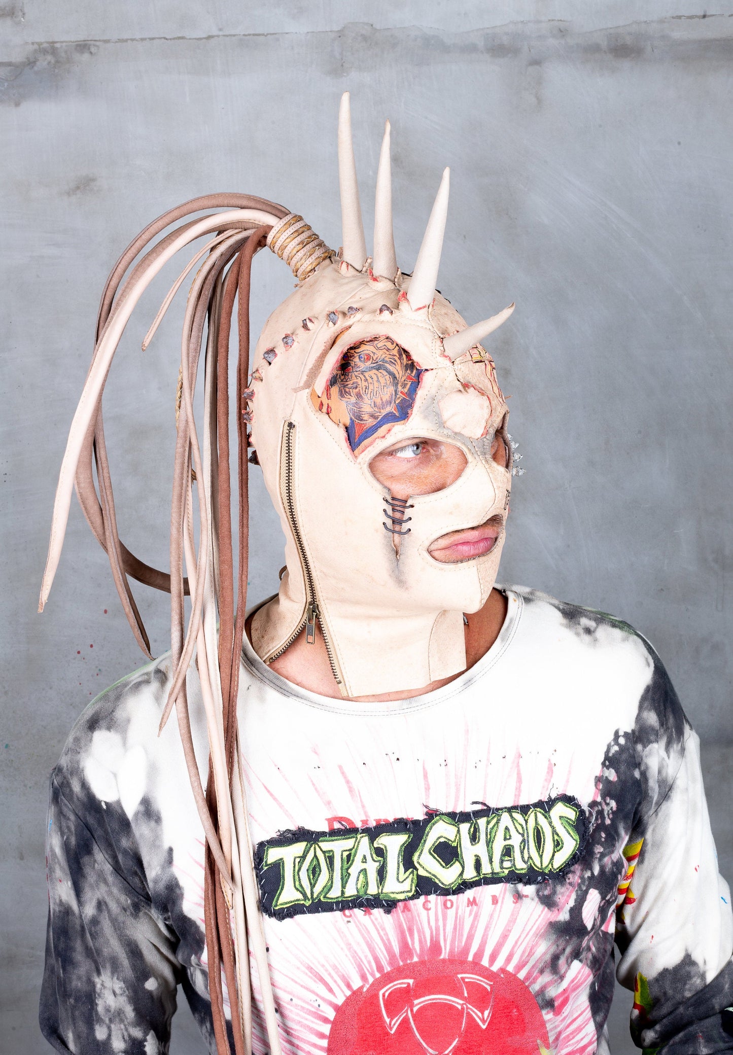 Scorched Unicorn Studded Punk Spike Face Tattoo Adult Leather Full Face Skin Color Bondage Gimp Mask With Mohawk Dread Hair for Halloween