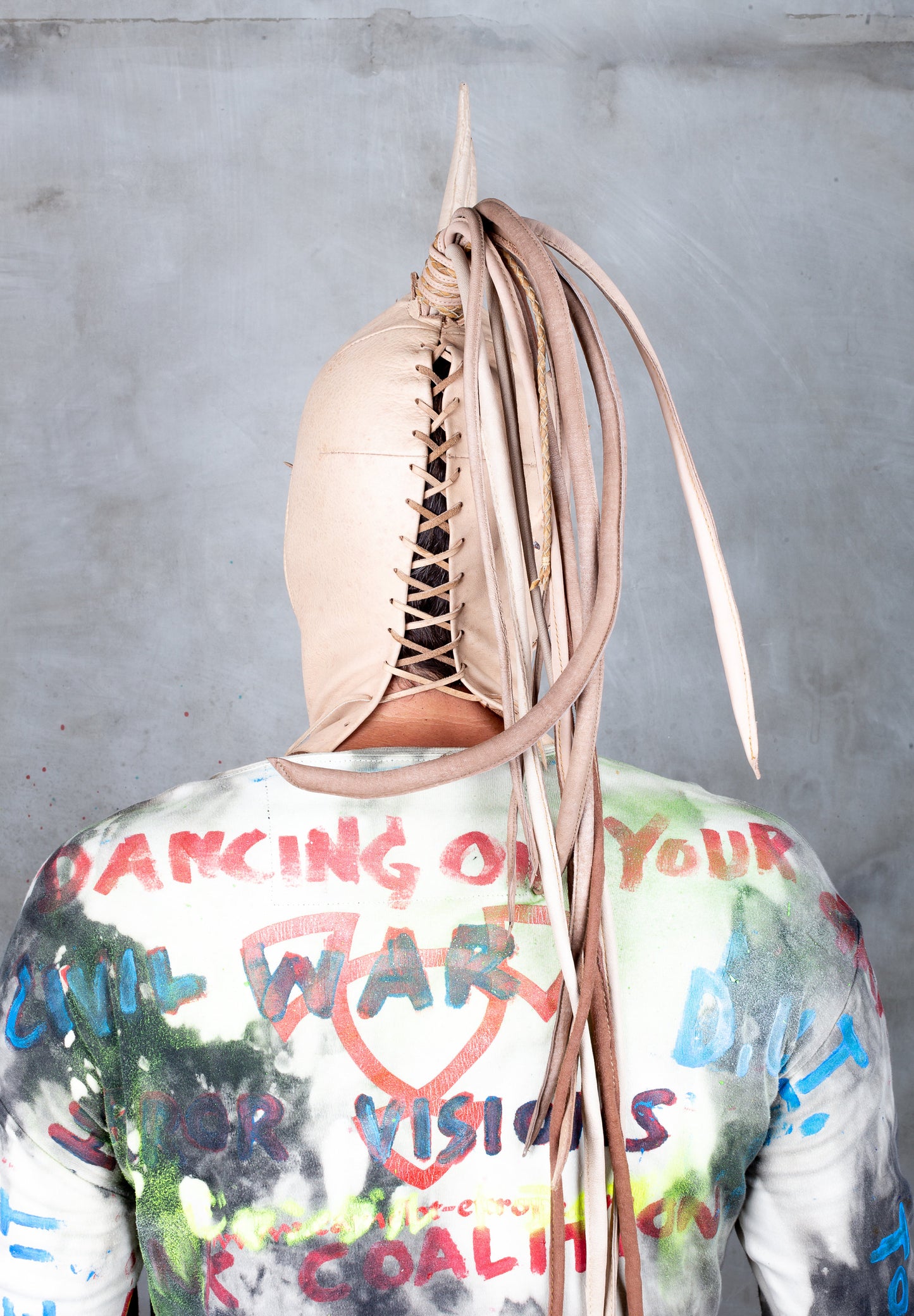 Scorched Unicorn Studded Punk Spike Face Tattoo Adult Leather Full Face Skin Color Bondage Gimp Mask With Mohawk Dread Hair for Halloween