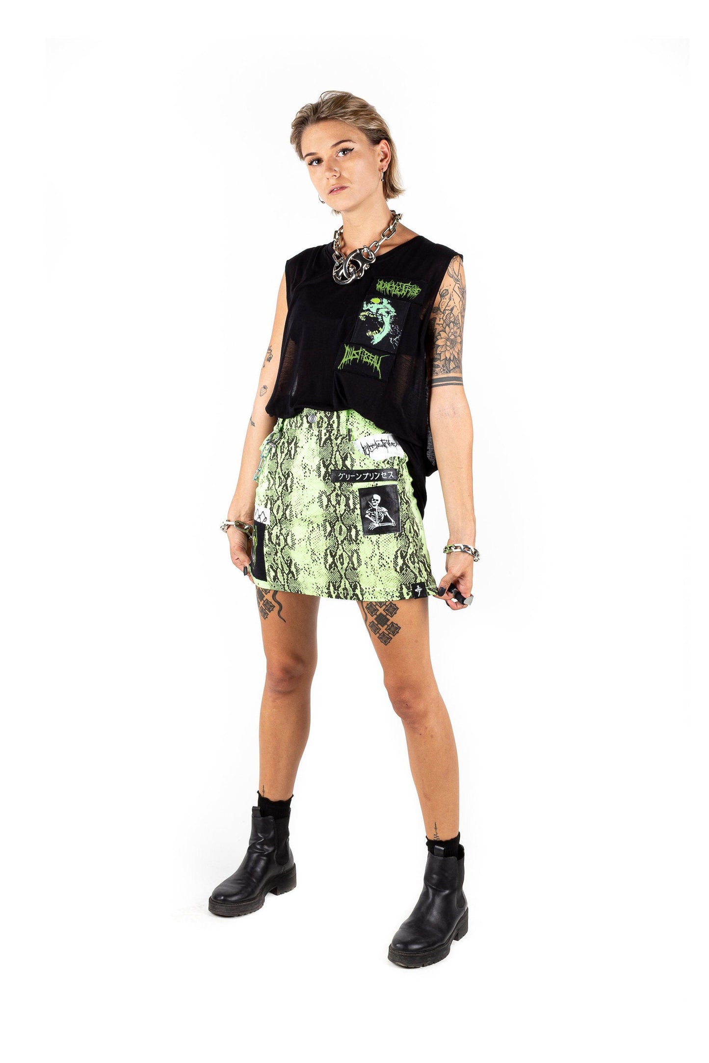 Neon Viper Skull Mini Skirt w/ Chain New