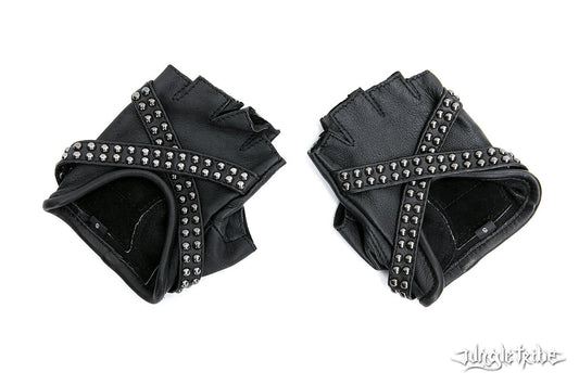 X GLAM Studded Black Leather Fingerless Gloves