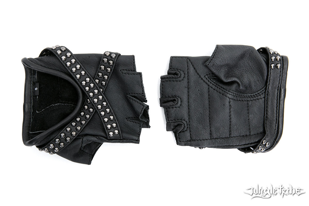 X GLAM Studded Black Leather Fingerless Gloves