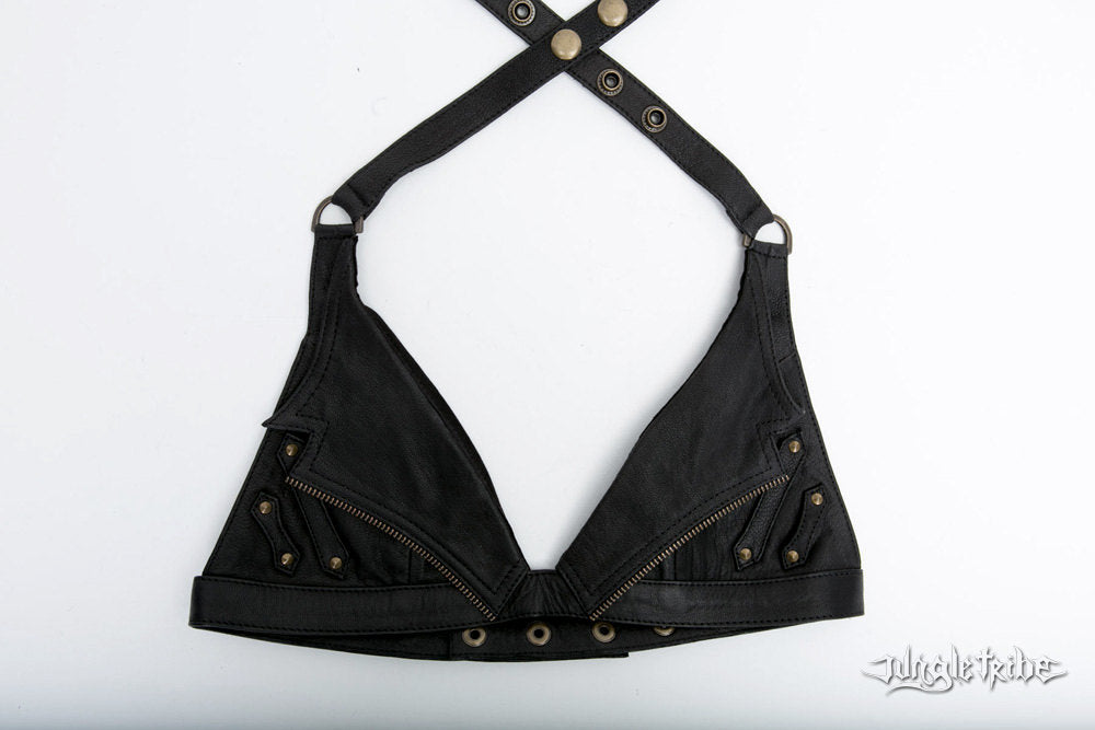 NIGHT RIDER Black Leather Halter Top Bra