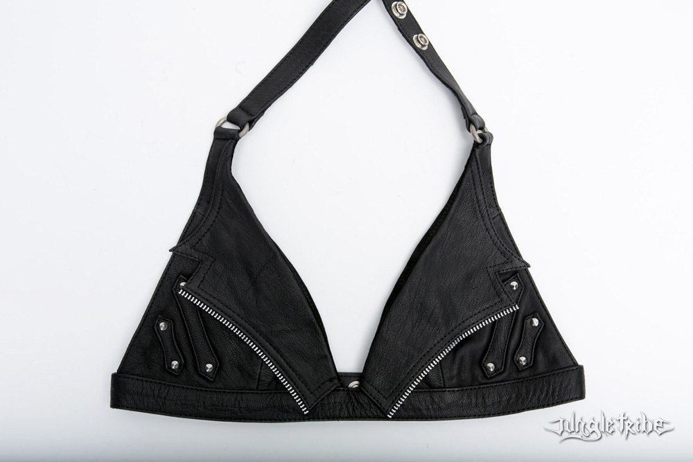 NIGHT RIDER Black Leather Halter Top Bra