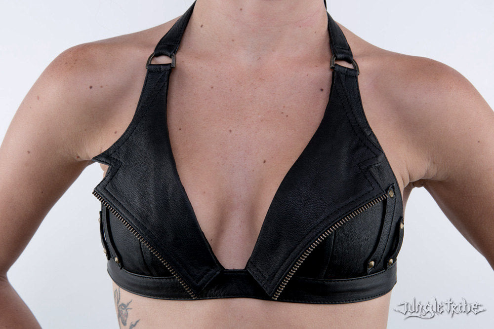 NIGHT RIDER Black Leather Halter Top Bra