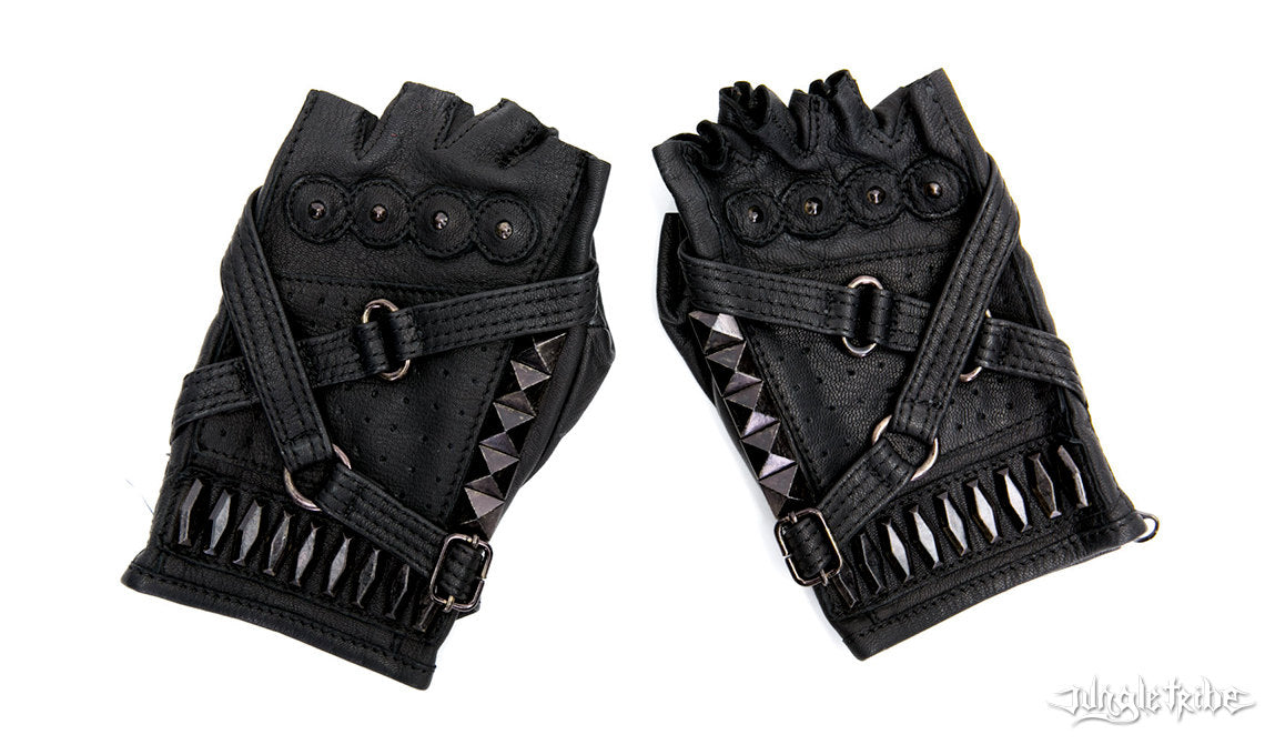 FURY ROAD Leather Fingerless Strapped Goat Skin Unisex Driving Gloves