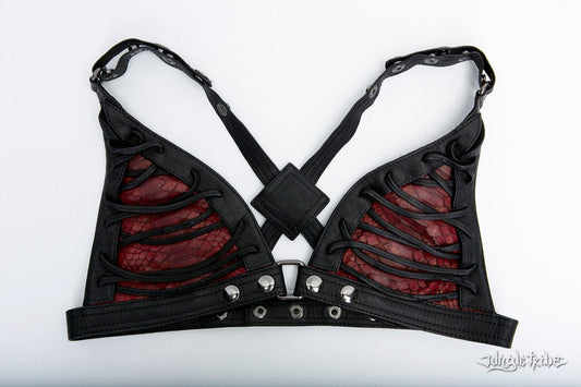 VENOMOUS VENGEANCE Red and Black Leather Bra Halter Top