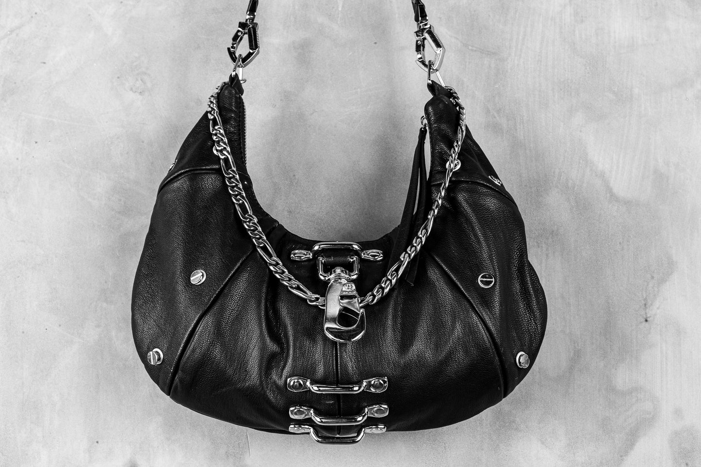 Metal on Metal Black Leather Purse with Chain Convertible Crossbody Bag