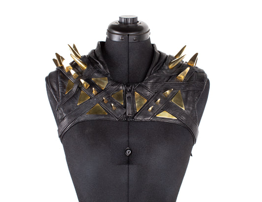 Mad Royal Gold Metal Spike Black Leather Futuristic Chest Plate