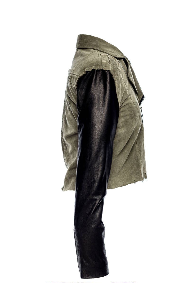 Commander Cropped Military Mechanic Cotton and Leather Combo Jacket