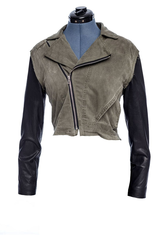 Commander Cropped Military Mechanic Cotton and Leather Combo Jacket