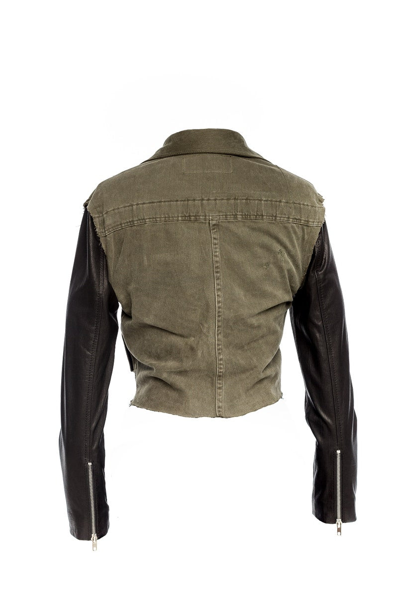 Commander Cropped Military Mechanic Cotton and Leather Combo Jacket