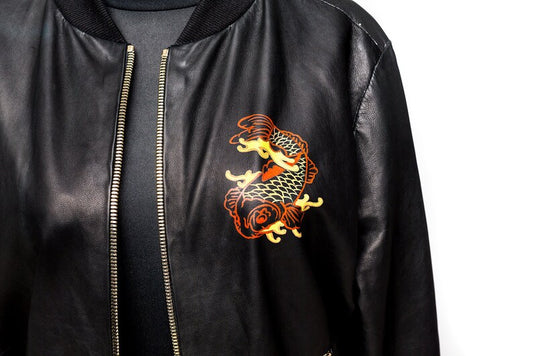 Womens Hand Painted Dragon and Koi Leather Bomber