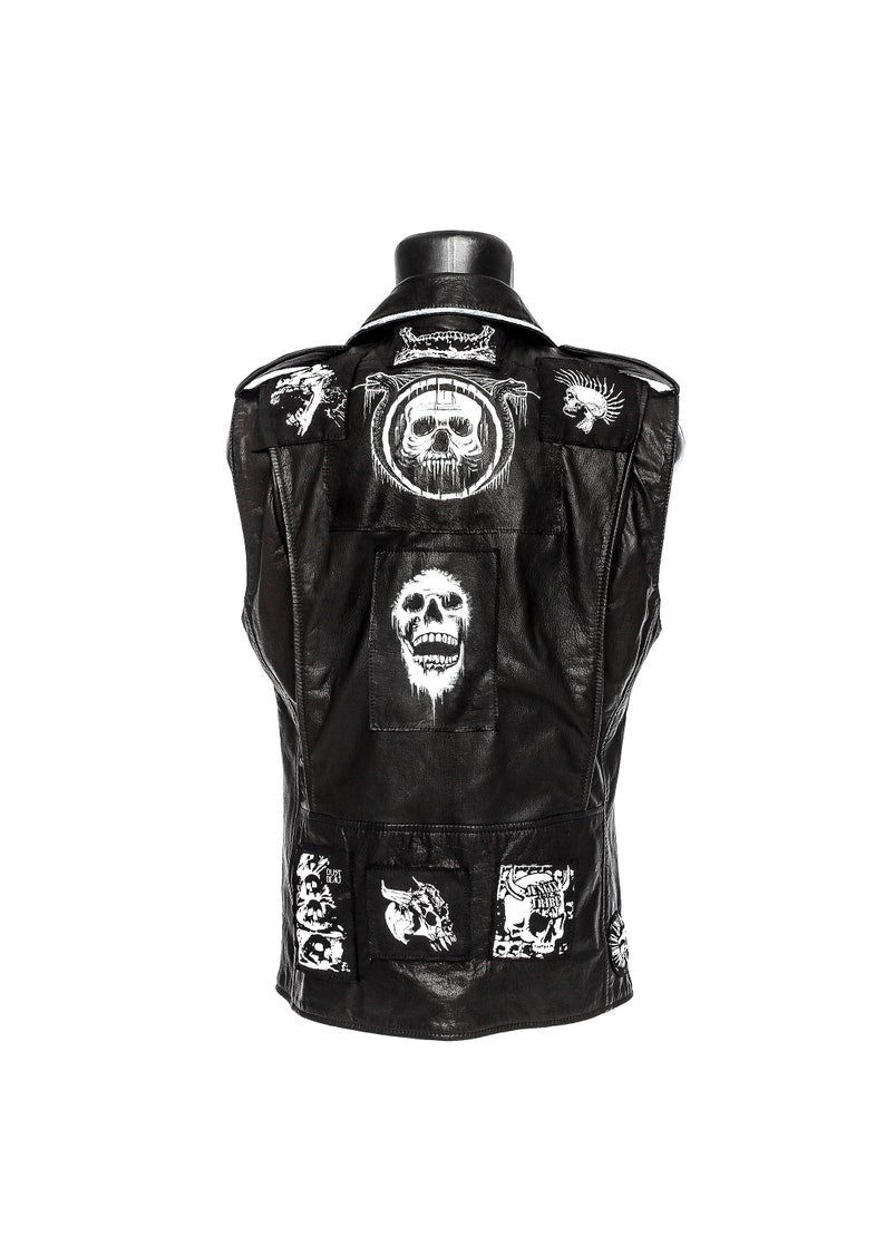 Black and White Punk Skull Leather Biker Vest