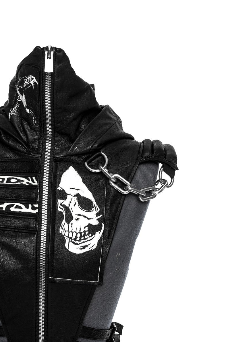 Black and White Handpainted Ninja Kombat Hood with Chains Jungle Tribe LA Collab