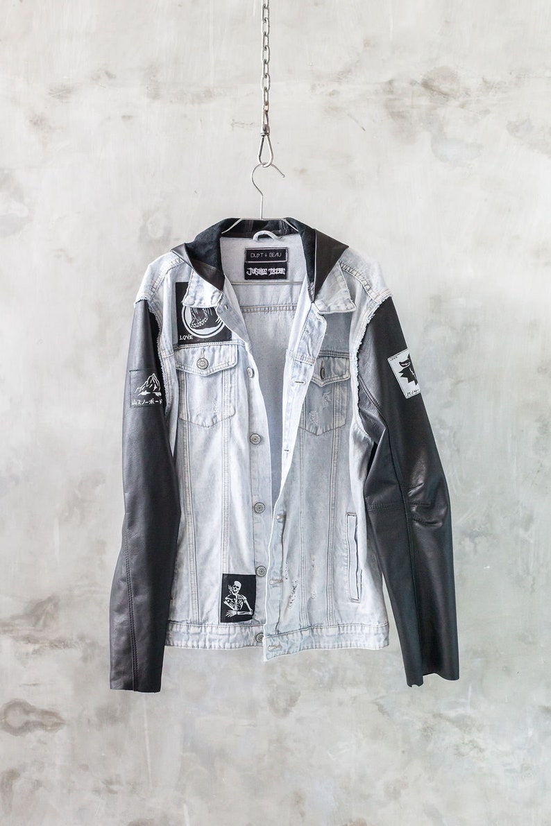 Denim Jacket with Black Leather Sleeves and Hood
