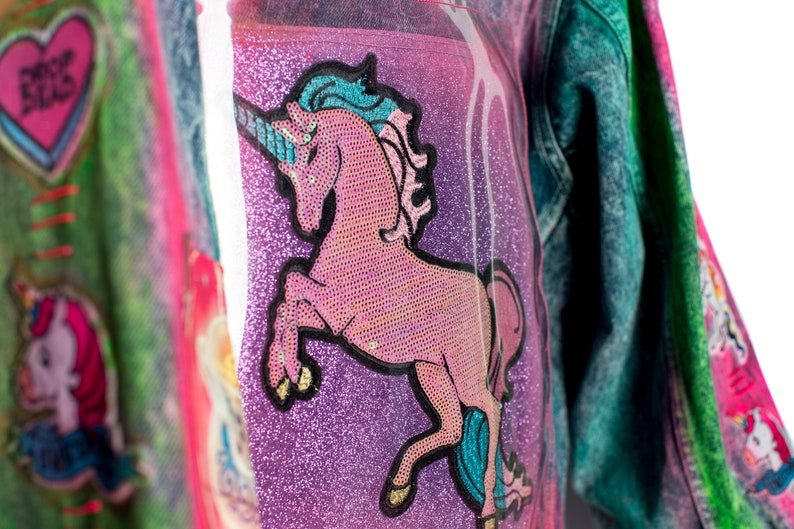 Sparkleberry Unicorn Mix Tape Acid Wash Boxy Denim Jacket with Neon Rainbow Tie Dyed Bandana