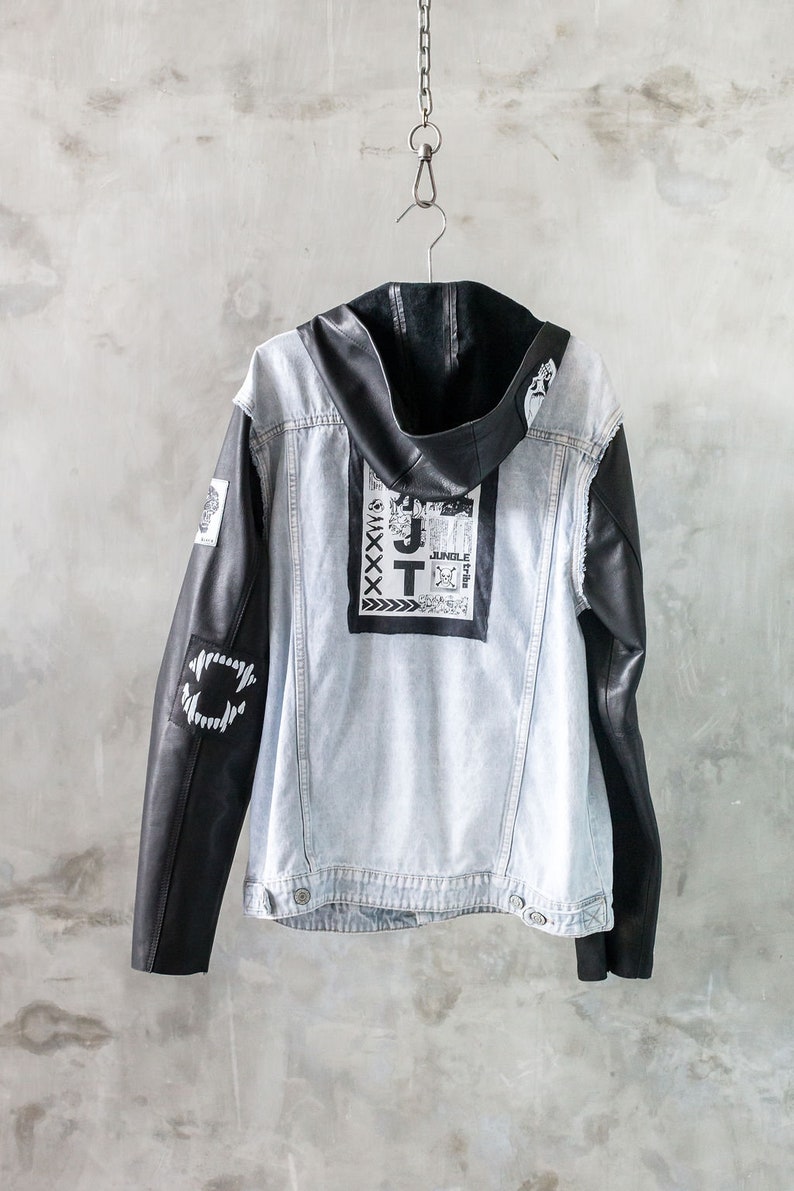 Denim Jacket with Black Leather Sleeves and Hood