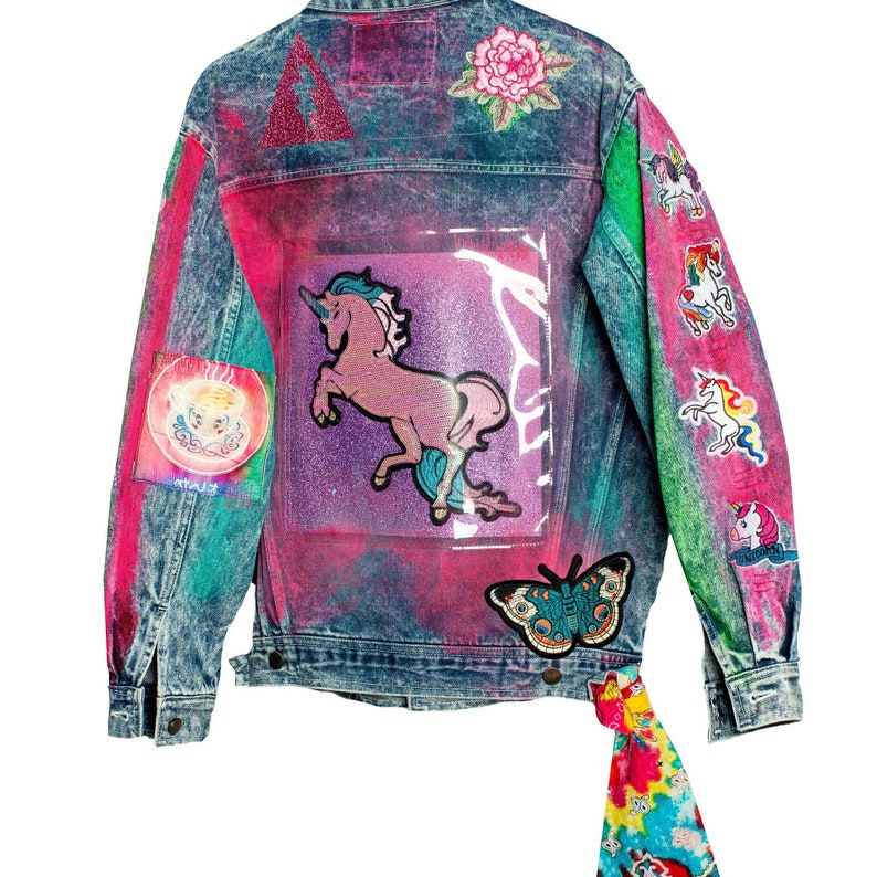 Sparkleberry Unicorn Mix Tape Acid Wash Boxy Denim Jacket with Neon Rainbow Tie Dyed Bandana