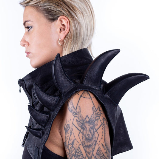 Sole Defender Leather Hood with Spiked Epaulettes