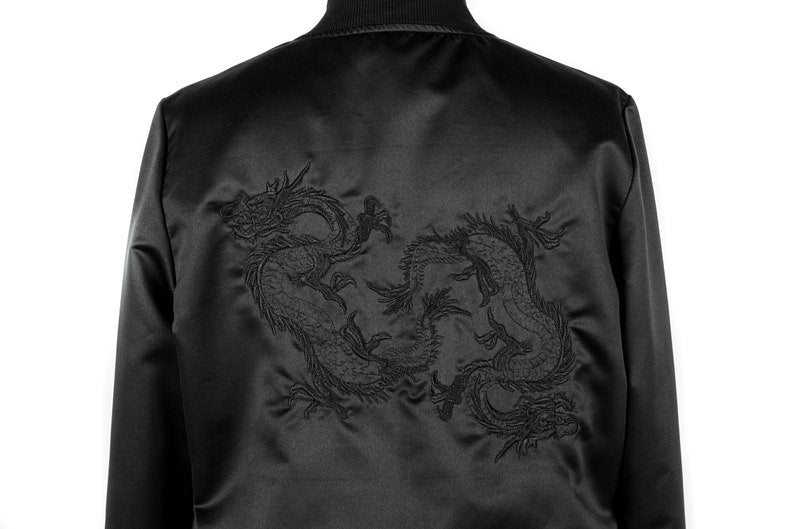 Dark Dragon Fantasy Black Satin Silk Bomber Jacket