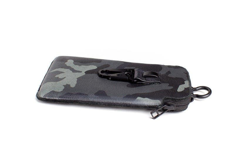 Blue Camouflage Genuine Leather Phone Case with Card Slot Strap Lanyard