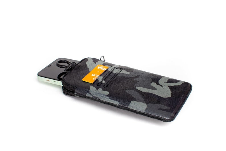 Blue Camouflage Genuine Leather Phone Case with Card Slot Strap Lanyard