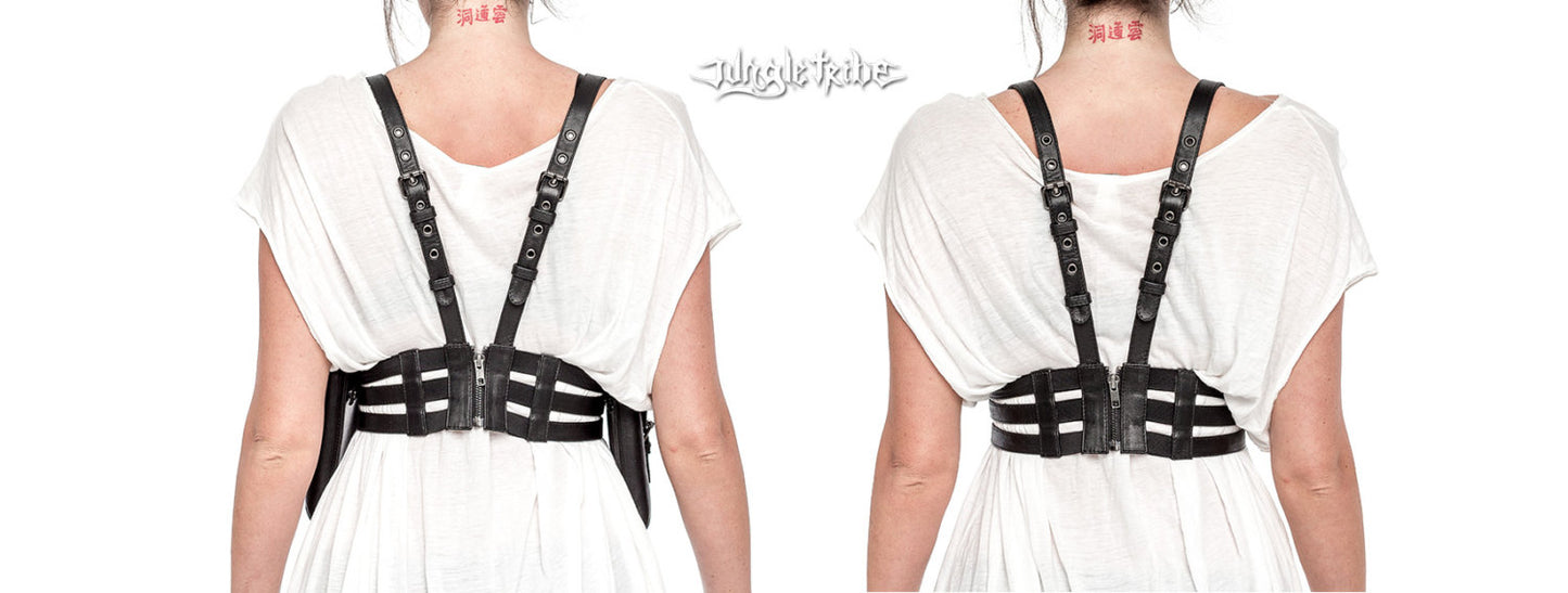 TRIPLE THREAT Black Leather Body Harness w/ Removable Wallet Pockets