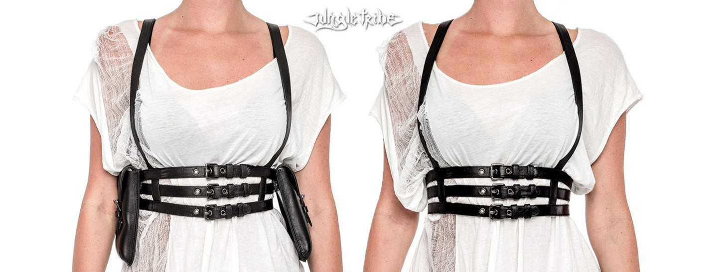 TRIPLE THREAT Black Leather Body Harness w/ Removable Wallet Pockets