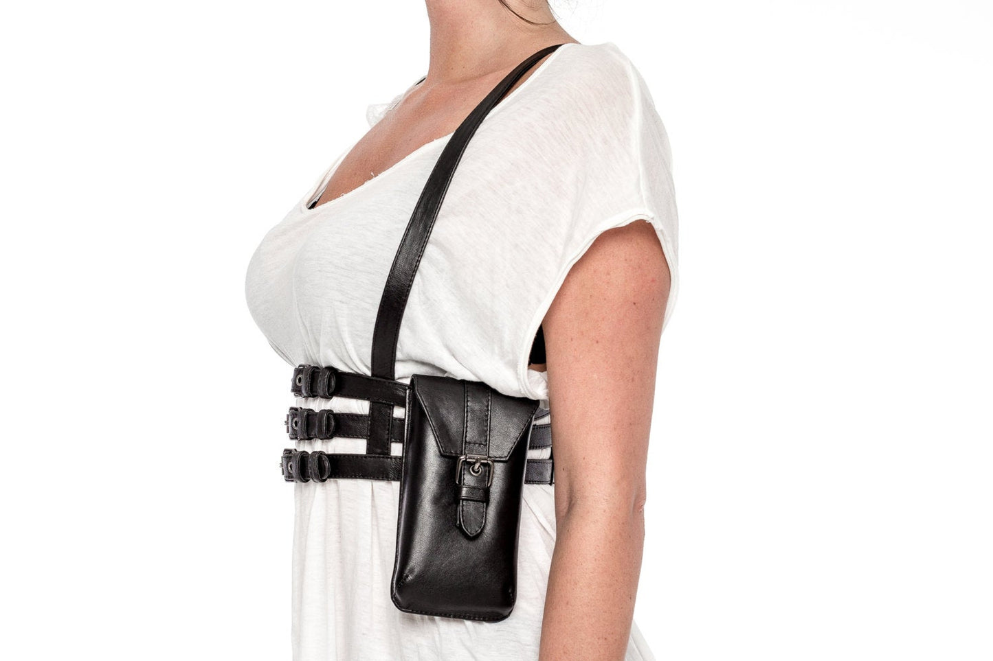 TRIPLE THREAT Black Leather Body Harness w/ Removable Wallet Pockets
