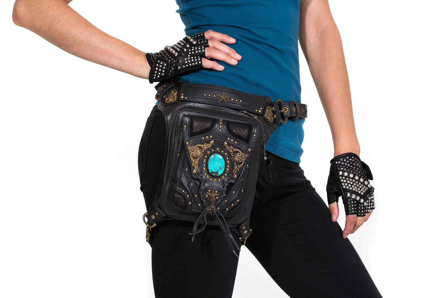 VINTAGE VIBES Black Leather Holster and Hip Bag With Turquoise